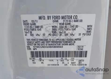 2011 Ford Escape Xlt z USA, uszkodzony, nr VIN 1FMCU9DG3BKB69543